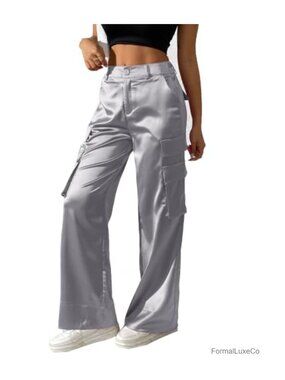 Satin Cargo Wide Leg Pants High Waist Pocketed Trouser